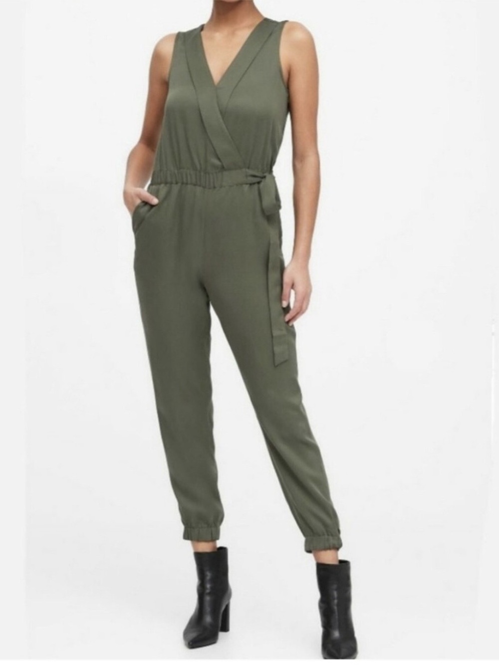 Banana Republic Sleeveless Olive Wrap Jumpsuit with Tie Waist